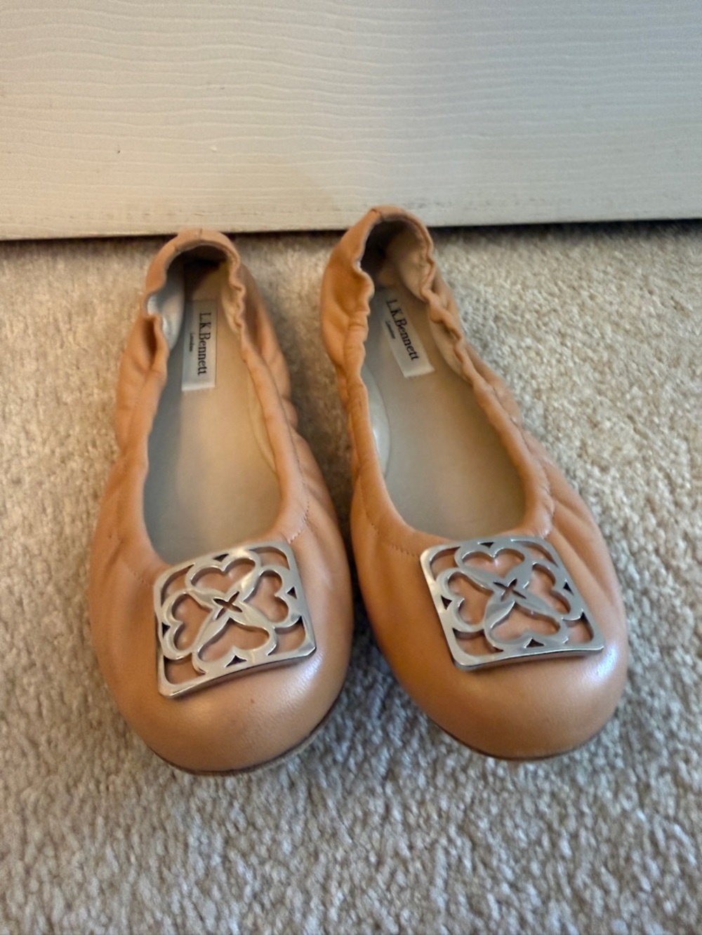LK Bennett Tan Leather Ballet Flats with Silver Decorative Emblem
